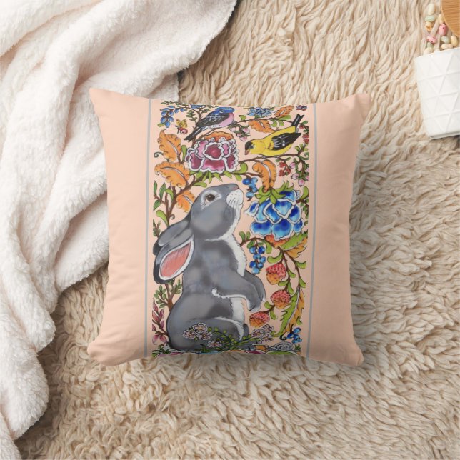 Coussin Joli Balai Rose Rabbit Oiseau Floral Mignonne Déco (Couverture)
