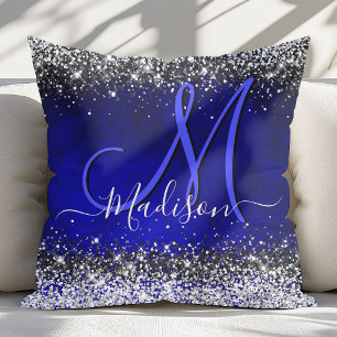 Coussin Joli bleu royal argent faux monogramme pailleté
