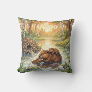 Coussin Joli Castor et Bébés Animaux de Rivière et de Lac