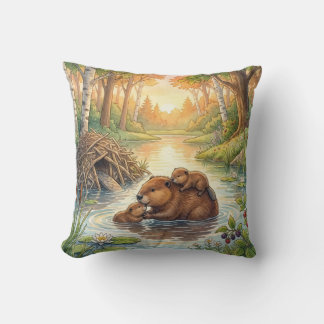 Coussin Joli Castor et Bébés Animaux de Rivière et de Lac