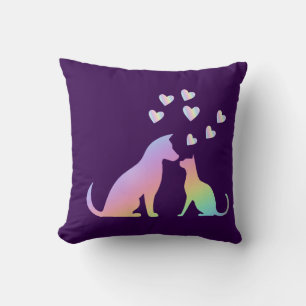 Coussin Joli Chat Arc-en-Ciel et Silhouette de Chien Amour