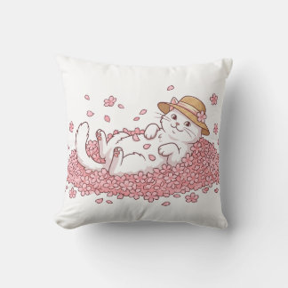 Coussin Joli Chat au Chapeau de Paille Se Reposant dans le