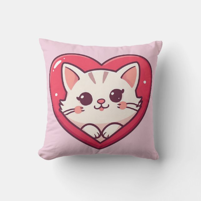 Coussin Joli Chat Blanc avec Design de Kawaii Kitty Love (Recto)