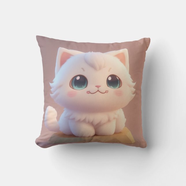 Coussin Joli Chat Blanc Fluffy aux Grands Yeux (Recto)