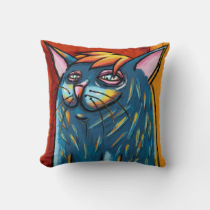 Coussin Joli Chat Bleu Heureux au Pastel à l'Huile Numériq