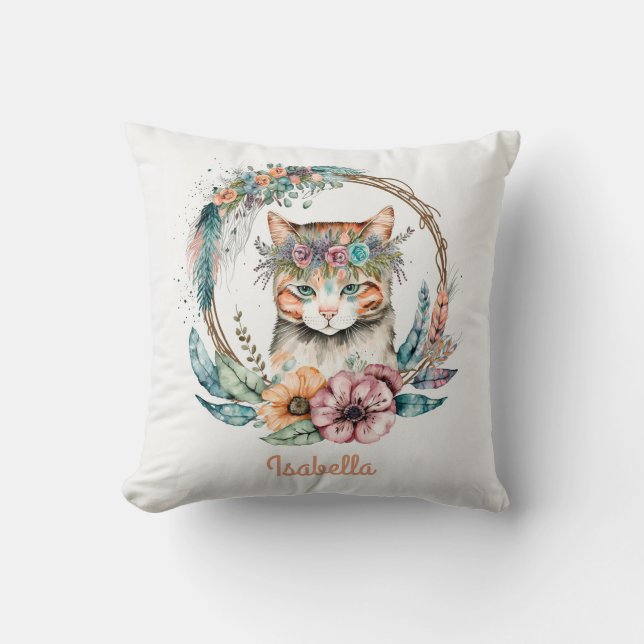 Coussin Joli Chat Boho Floral Aquarelle (Recto)