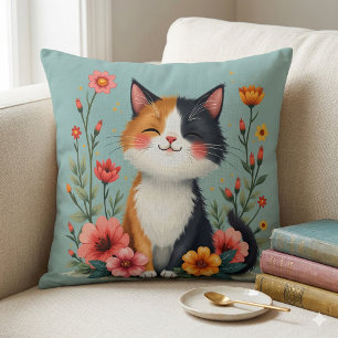 Coussin Joli Chat Calico avec une Esthétique Florale Cotta
