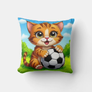Coussin Joli chat de dessin animé tenant un ballon de foot