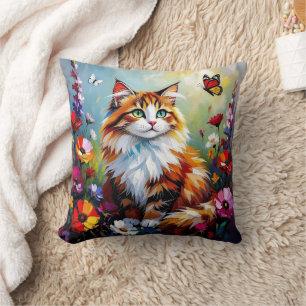 Coussin Joli Chat Fantaisiste, Fleurs et Papillons