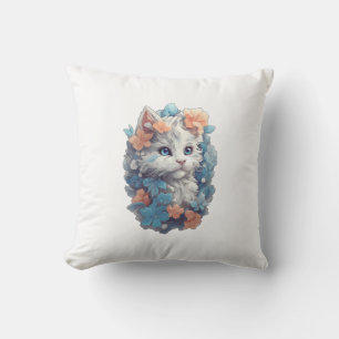Coussin Joli Chat Félin Floral Blanc