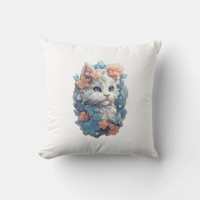 Coussin Joli Chat Félin Floral Blanc (Recto)