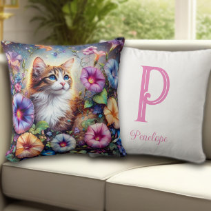 Coussin Joli chat Floral Jardin Personnalisé Monogramme