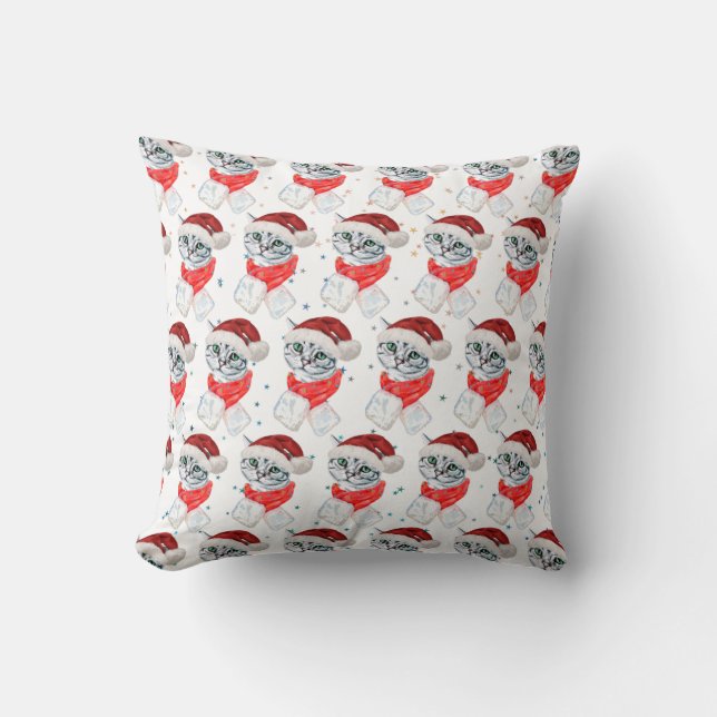 Coussin Joli Chat Gris Tabby de Noël Aquarelle (Recto)