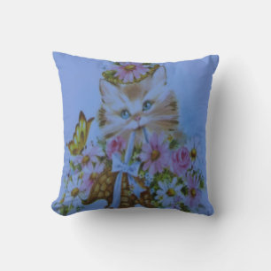 Coussin Joli chat kitty amoureux de bleu clair et de rose