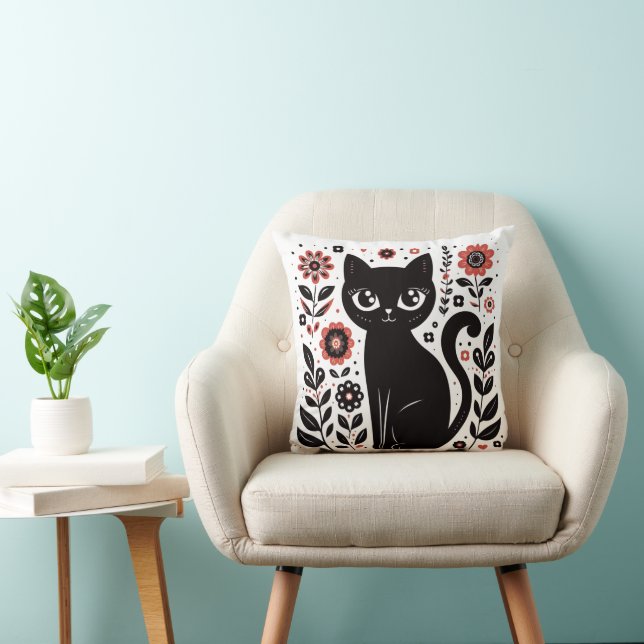 Coussin Joli chat noir aux grands yeux et aux fleurs (Chaise)