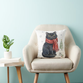 Coussin Joli chat noir avec un écharpe rouge Noël arbre d'