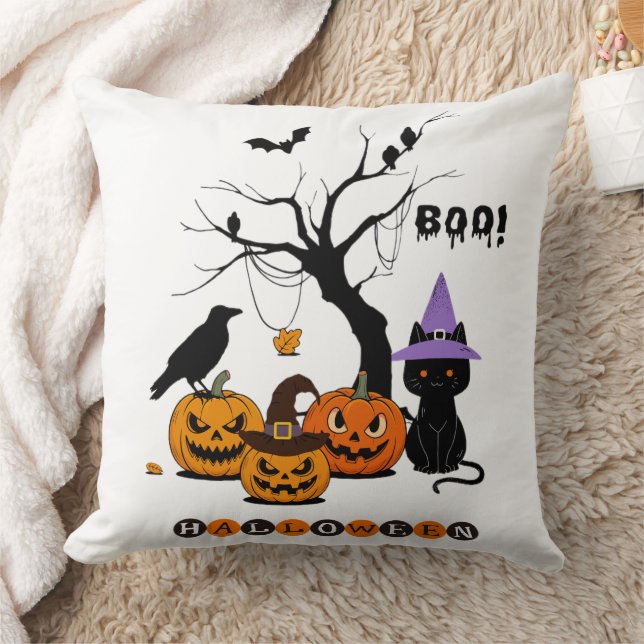 Coussin Joli chat noir d'Halloween avec citrouilles (Couverture)