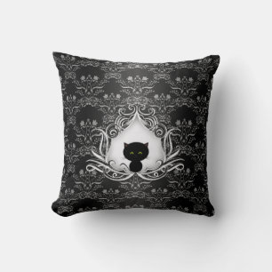 Coussin Joli chat noir sur Damas