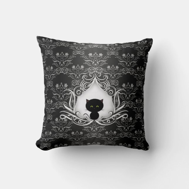 Coussin Joli chat noir sur Damas (Recto)