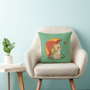 Coussin Joli Chaton Chat Rouge Jaune Parapluie Automne Ver