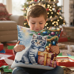 Coussin Joli Chaton Sous l'Arbre de Noël