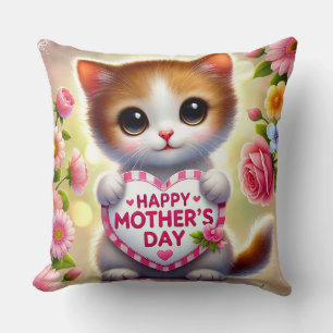Coussin Joli Chaton Tenant un Cœur d'Amour pour la Fête de