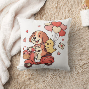 Coussin Joli chien de la Saint-Valentin en scooter, ballon
