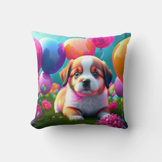 Coussin Joli chiot avec ballons (Recto)