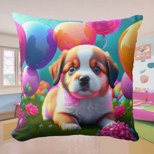 Coussin Joli chiot avec ballons