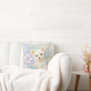 Coussin joli chiot blanc avec des fleurs