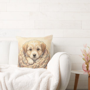 Coussin Joli chiot enveloppé dans une couverture tricotée