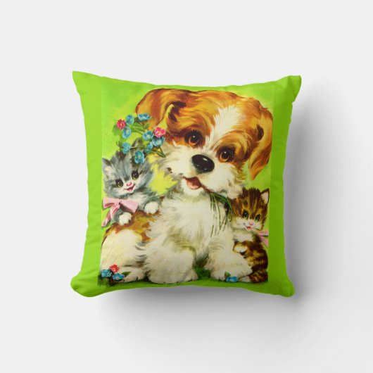 Coussin joli chiot et chatons souriants imprimer (Recto)
