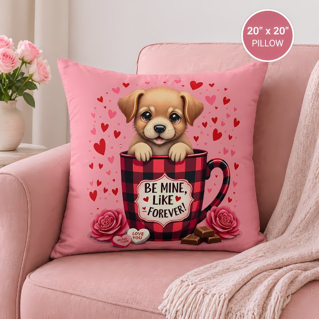 Coussin Joli chiot Saint-Valentin plaid de Buffalo esthéti (Cute Puppy Valentine Buffalo Plaid Aesthetic Throw Pillow)