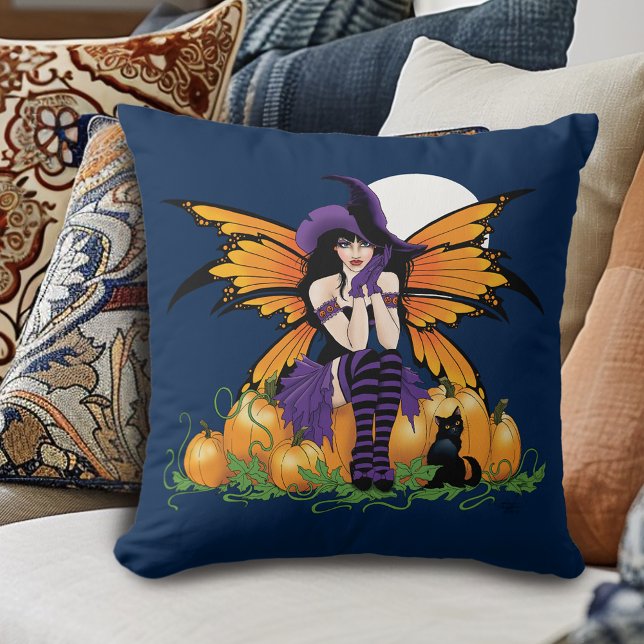 Coussin Joli citrouille de fée d'Halloween avec chat noir (Créateur téléchargé)