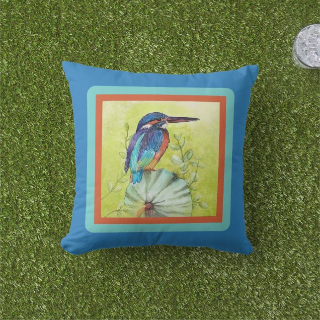 Coussin Joli colibri peint sur bleu (Herbe)