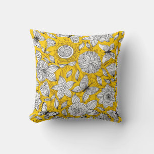 Coussin Joli design abstrait floral blanc jaune