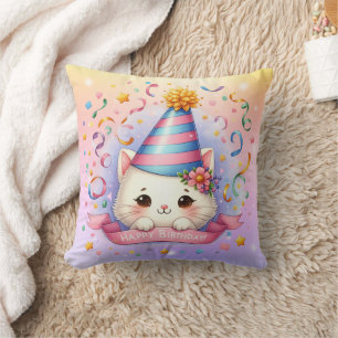Coussin Joli dessin animé Kawaii Kitty Chat Joyeux Anniver