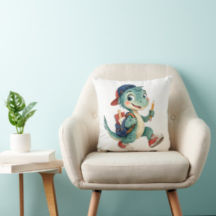 Coussin Joli dinosaure à l'aquarelle avec fournitures scol
