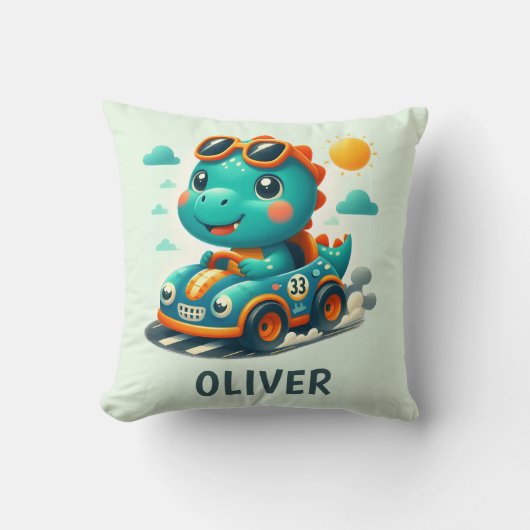 Coussin Joli dinosaure de course dans une voiture vert cla (Recto)