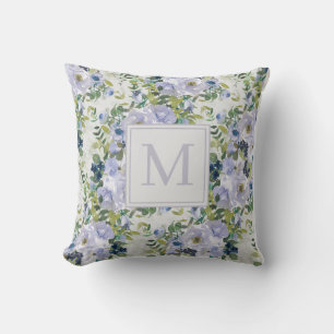 Coussin Joli Dusty Blue Navy Floral Blanc Monogramme