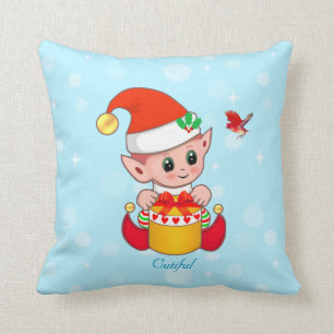 Coussin Joli elfe de Noël et cardinal sur turquoise
