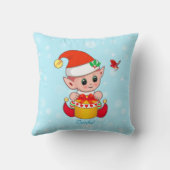 Coussin Joli elfe de Noël & Oiseau cardinal sur Turquoise (Verso)