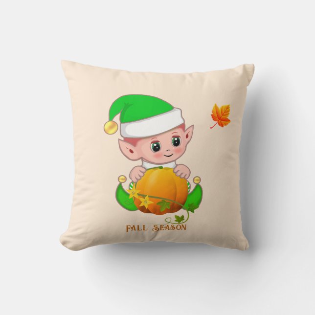 Coussin Joli elfe et citrouille sur beige clair (Recto)