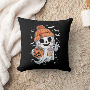 Coussin Joli Fantôme Buvant du Café Halloween Café Glacé