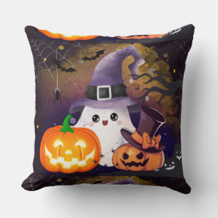 Coussin Joli fantôme d'Halloween avec chapeau de sorcière 