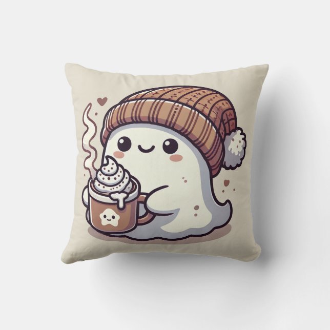 Coussin Joli fantôme d'Halloween en bonnet d'automne et ch (Verso)