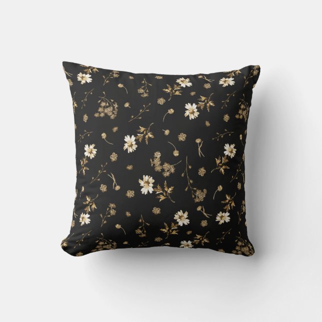Coussin Joli Fleur sauvage beige Vintage sur noir (Recto)