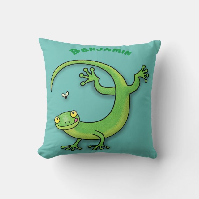 Coussin Joli gecko vert salutations avec dessin animé (Recto)
