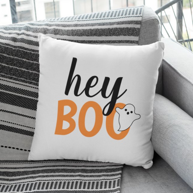 Coussin Joli Hey Boo Orange Fantôme Blanc Halloween (Créateur téléchargé)