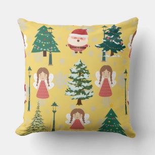 Coussin Joli jaune motif Xmas girly l Père Noël et arbres